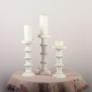 Beaded White Wooden Candle Holder, 3 sizes